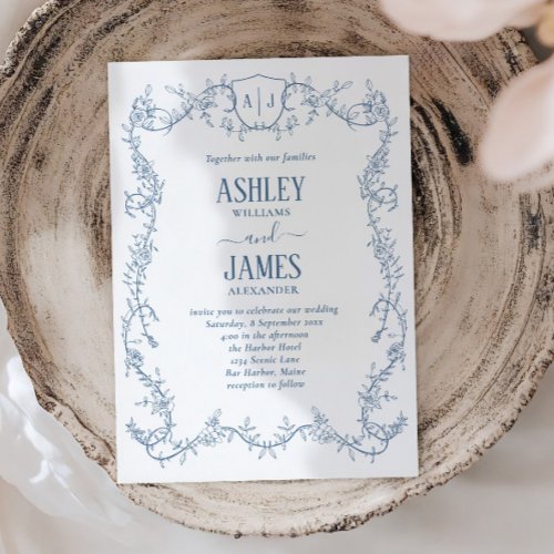 Rambling Rose Vine Blue Monogram Crest Wedding Invitation