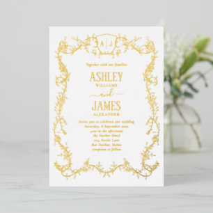 Rambling Rose Vine Gold Monogram Crest Wedding Foil Invitation