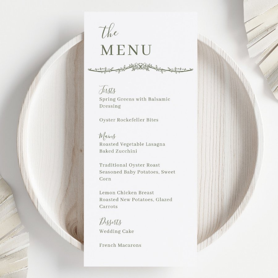 Rambling Rose Vine Sage Crest Wedding Dinner Menu