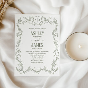 Rambling Rose Vine Sage Monogram Crest Wedding Invitation