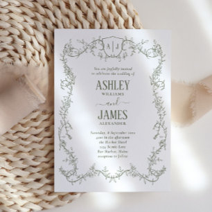 Rambling Rose Vine Sage Monogram Crest Wedding Invitation