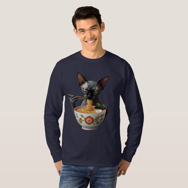  Ramen and Cats Black Hairless Sphynx Cat Men's T-Shirt (Front Full)