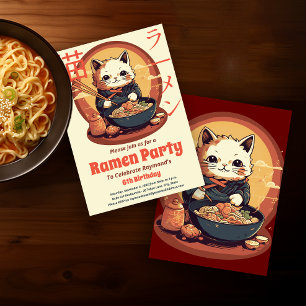 Ramen Birthday Party with Japanese Ramen Cat Invitation