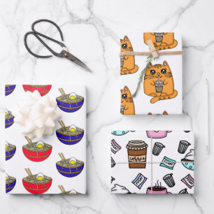 Ramen, Boba Tea and Coffee Birthday Wrapping Paper Sheets