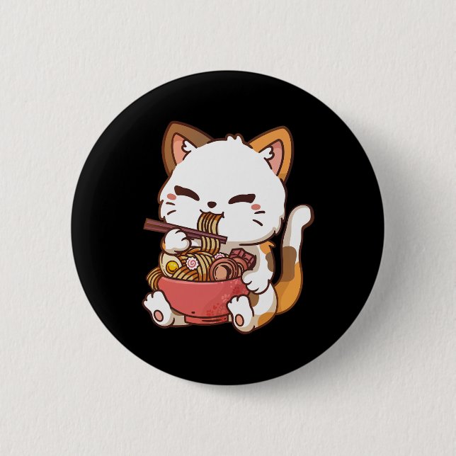 Ramen Cat Anime Kawaii Cat Eating Ramen  Button (Front)