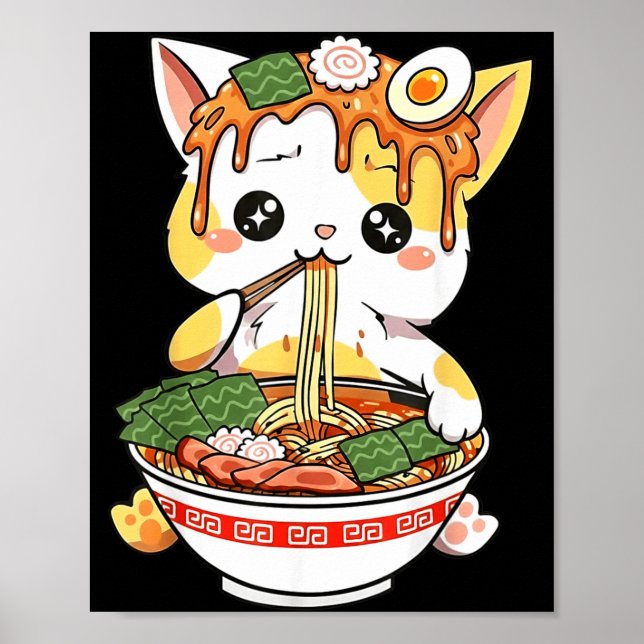 Ramen Cat Design Kawaii Style Funny Japanese Anime Poster (Front)