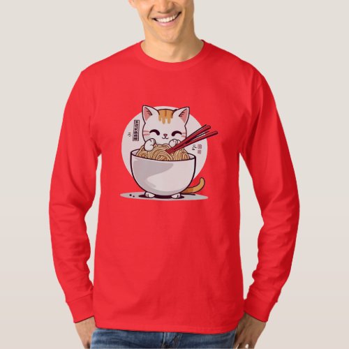 Ramen Cat Eating Noodles Design T_Shirt
