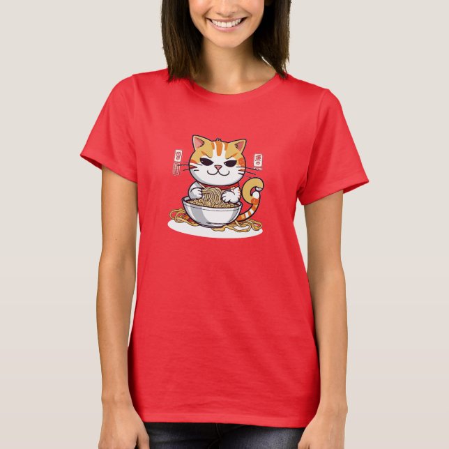 Ramen Cat Eating Noodles Design T-Shirt (Front)
