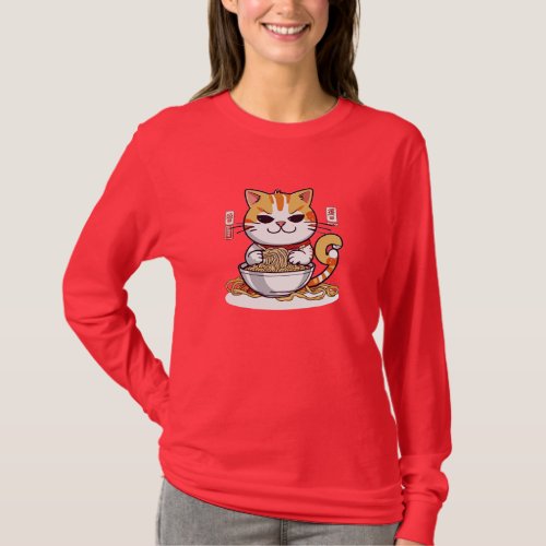 Ramen Cat Eating Noodles Design T_Shirt