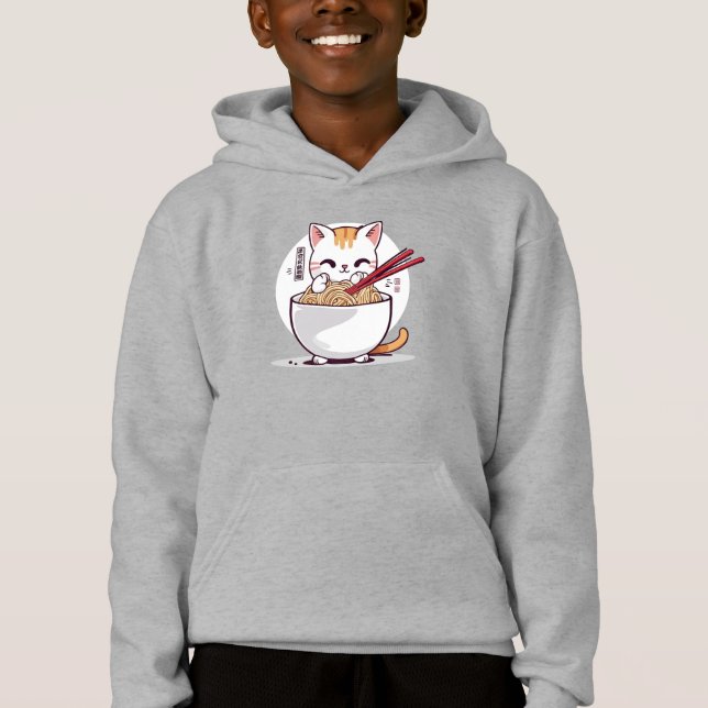 Ramen Cat Eating Noodles Design T-Shirt Hoodie (Front)