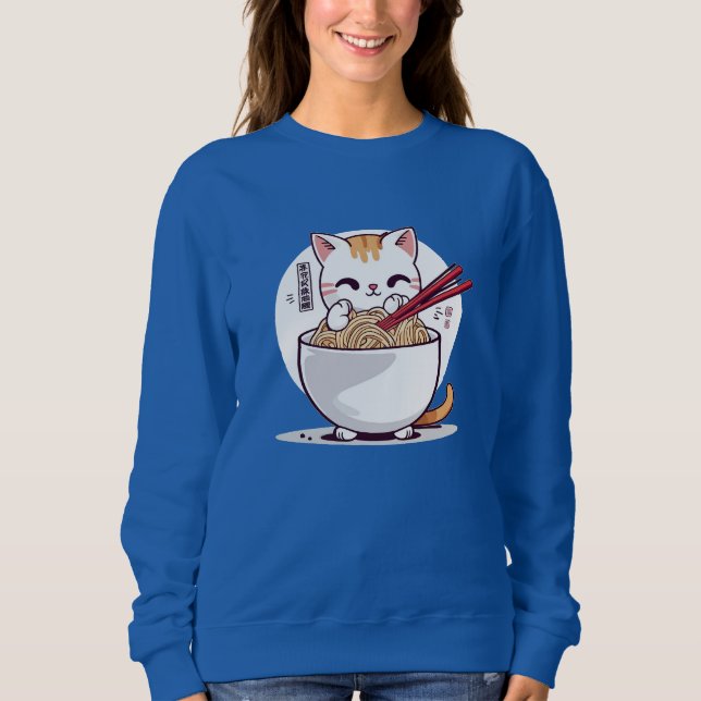 Ramen Cat Eating Noodles Design T-Shirt Sweatshirt (Front)
