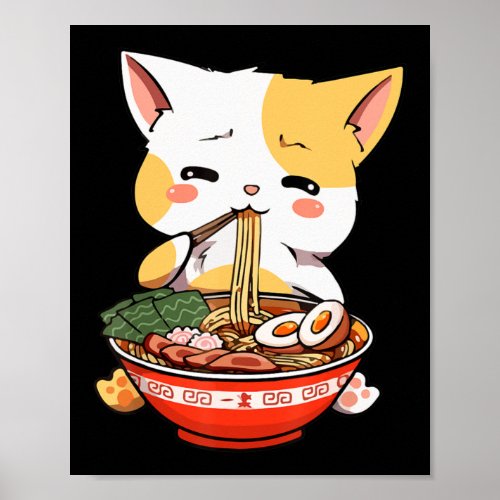 Ramen Cat Eating Noodles Kawaii Anime Merch Gift G Poster