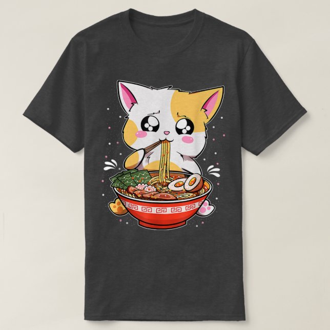 Ramen Eating Cat Kawaii Anime Baka Japanese T-Shirt (Design Front)