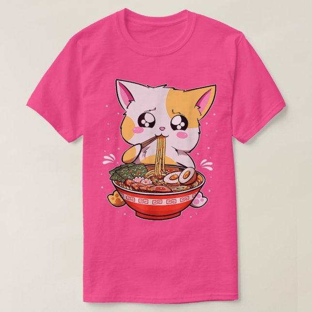 Ramen Eating Cat Kawaii Anime Baka Japanese  T-Shirt (Design Front)