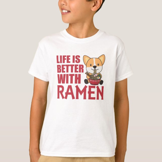Ramen Japanese Noodles Sweet Corgi Eats Ramen T-Shirt (Front)