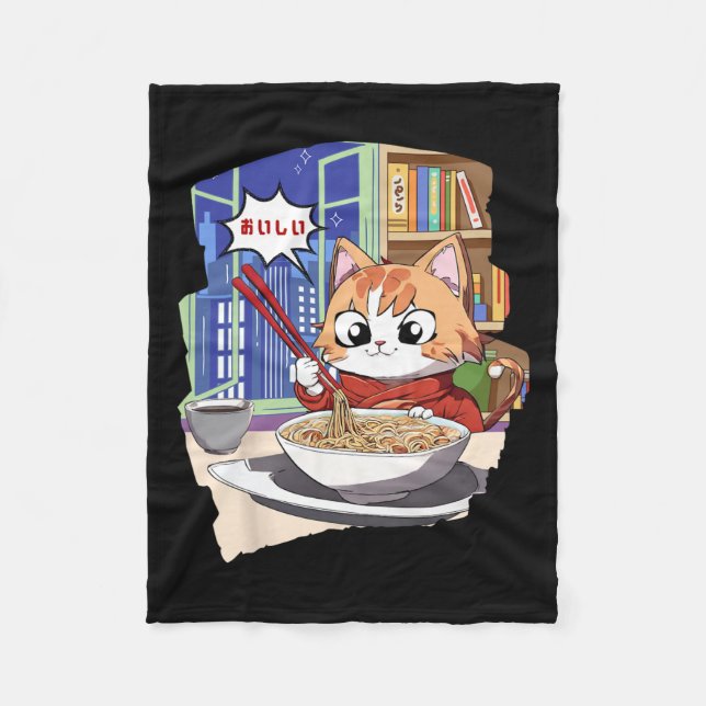 Ramen Kawaii Cat Anime  Fleece Blanket (Front)