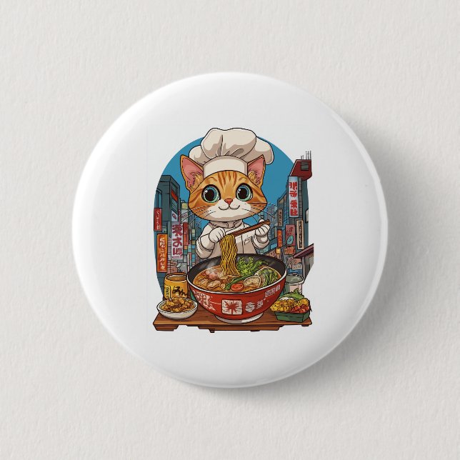 Ramen Neko – Funny Cat Chef Anime Food Button (Front)