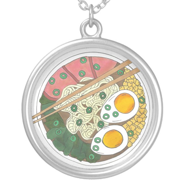 Ramen Noodles Bowl Japanese Food Restaurant Foodie Silver Plated Necklace (Front)