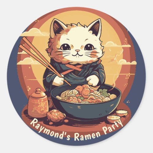 Ramen Party Birthday Party with Anime Cat Classic Round Sticker