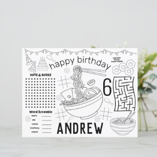 Ramen placemats, ramen birthday activity sheet