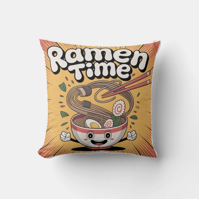 Ramen Time – Cute Cartoon Ramen Bowl Throw Pillow (Front)