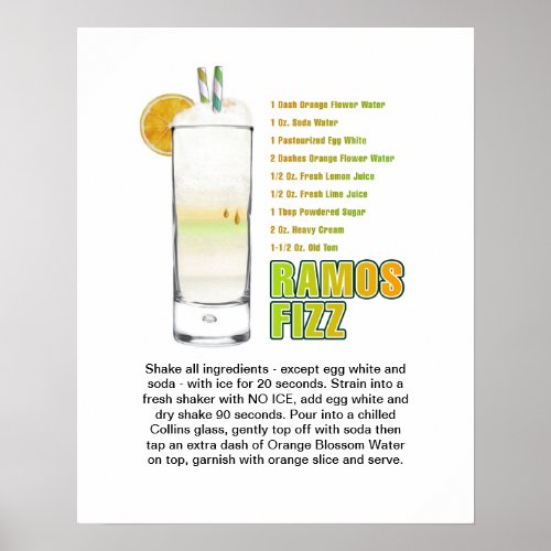 Ramos Gin Fizz Cocktail Recipe Art 16x20 Poster