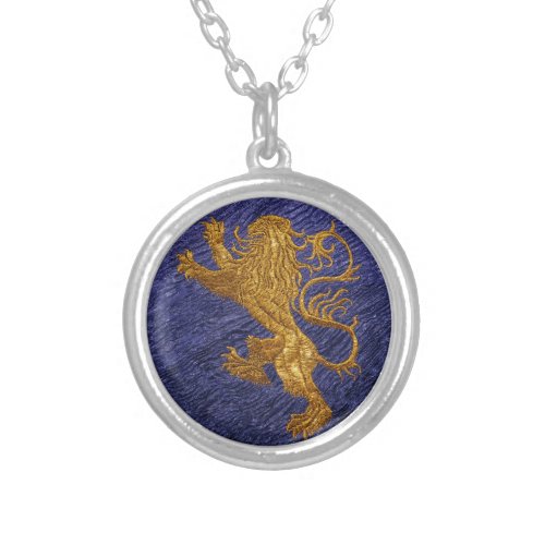 Rampant Lion _ gold on blue Silver Plated Necklace
