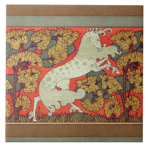 RAMPANT WHITE HORSETREES IN WOODLAND Art Nouveau Ceramic Tile