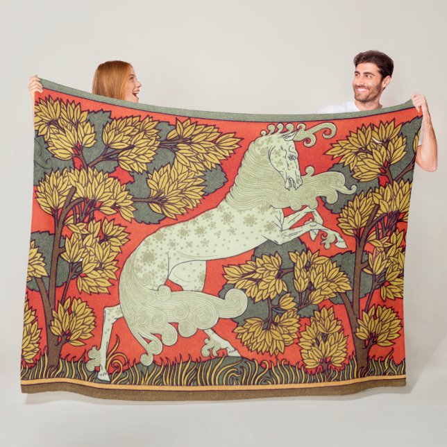 RAMPANT WHITE HORSE,TREES IN WOODLAND Art Nouveau Fleece Blanket (In Situ)