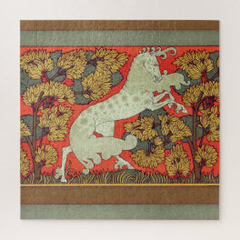RAMPANT WHITE HORSE,TREES IN WOODLAND Art Nouveau Jigsaw Puzzle