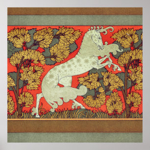 RAMPANT WHITE HORSE,TREES IN WOODLAND Art Nouveau Poster