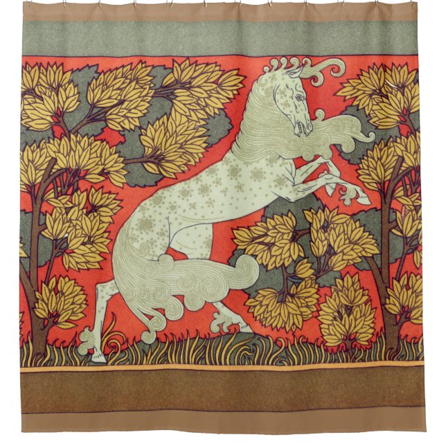 RAMPANT WHITE HORSE,TREES IN WOODLAND Art Nouveau  Shower Curtain (Front)