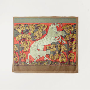 RAMPANT WHITE HORSE,TREES IN WOODLAND Art Nouveau Tapestry