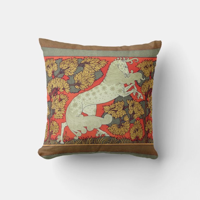 RAMPANT WHITE HORSE,TREES IN WOODLAND Art Nouveau Throw Pillow (Front)