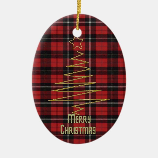 Ramsay Red Modern Clan Tartan and Motto Ceramic Ornament (Front)