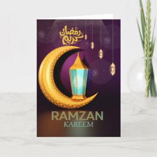 Ramzan Kareem Golden Moon With Lanterns Purple  Holiday Card