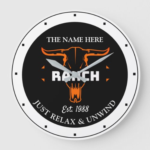 Ranch Any Name Slogan Black Orange Steer Head  Large Clock