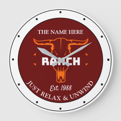 Ranch Any Name Slogan Red Orange Steer Head  Large Clock