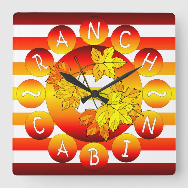 Ranch Cabin ~ Autumn Leaves ~ Country Log Cabin ~ Square Wall Clock (Front)