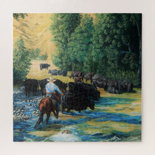 Ranch cattle drive Angus and horse at river Jigsaw Puzzle