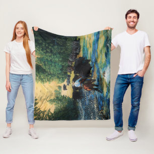 Ranch horse,Angus cattle herd at river- cartooned Fleece Blanket