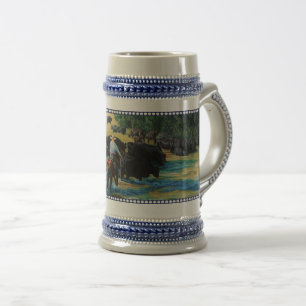 Ranch horse, black Angus cattle drive at river Beer Stein