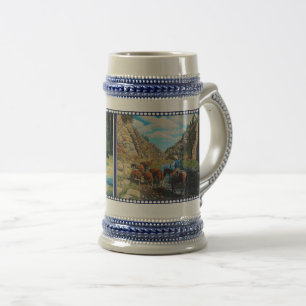 Ranch horse, Hereford, black Angus cattle, river Beer Stein