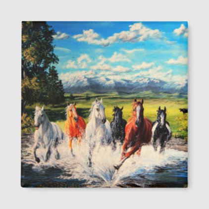 Ranch horses run through river landscape painting magnet