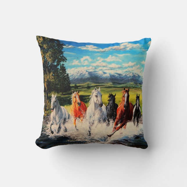 Ranch horses run through river landscape painting throw pillow (Front)