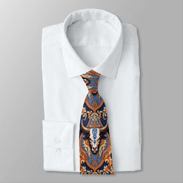 Ranch Style Cow Skull Western Tooled Leather  Neck Tie (Tied)