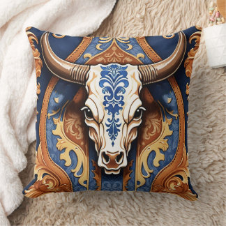 Ranch Style Western Tooled Leather Cow Head Throw Pillow