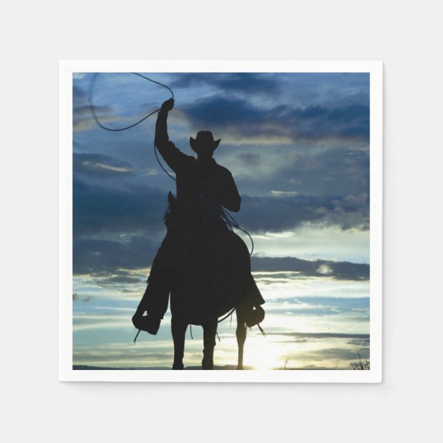 Ranch sunset horseback Riding cowboy silhouette Paper Napkins (Front)