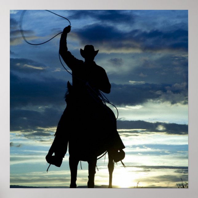 Ranch sunset horseback Riding cowboy silhouette Poster (Front)