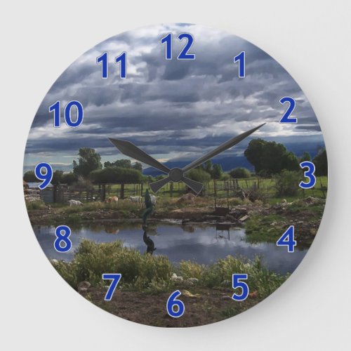 Ranchland _ Goats on Stormy Dolphin Pond Large Clock